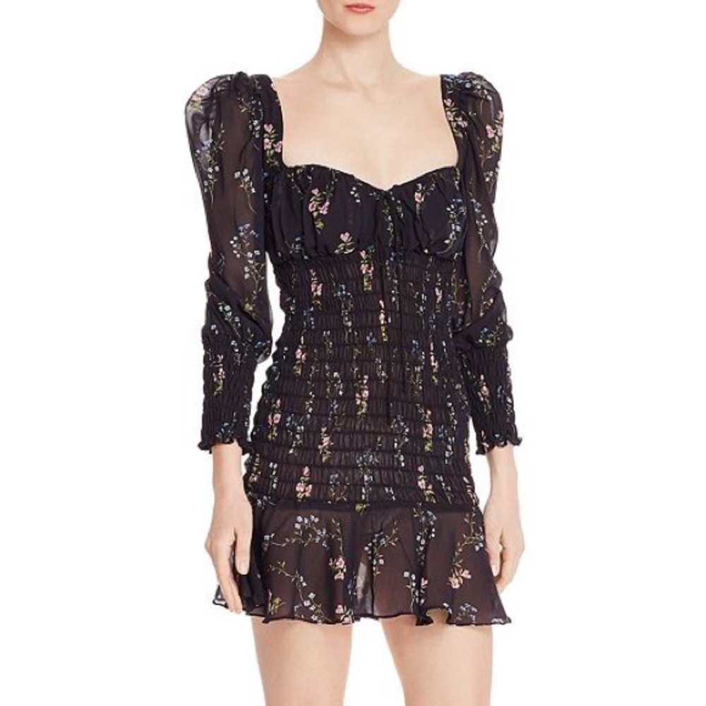 FOR LOVE AND LEMONS FLORAL SMOCKED SHEER PUFF SLEEVE DRESS LARGE